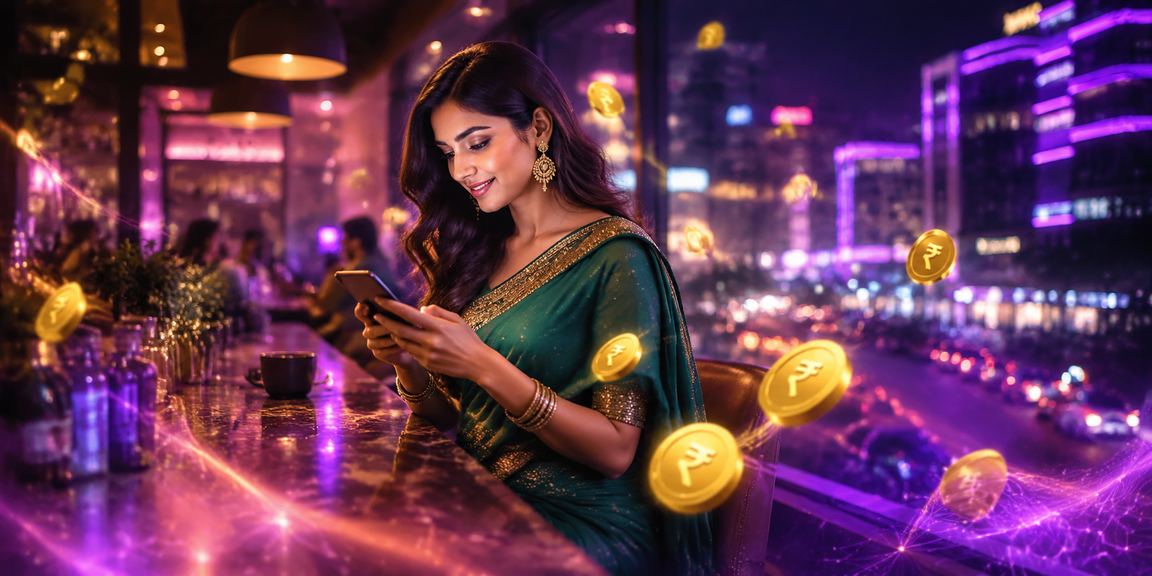 Indian woman enjoying casino promotions via mobile app in MG Road, Bangalore