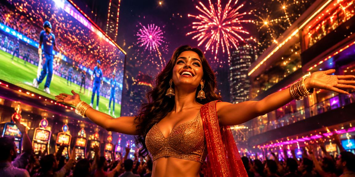 Neon-lit cricket betting advertisement for IPL season in India