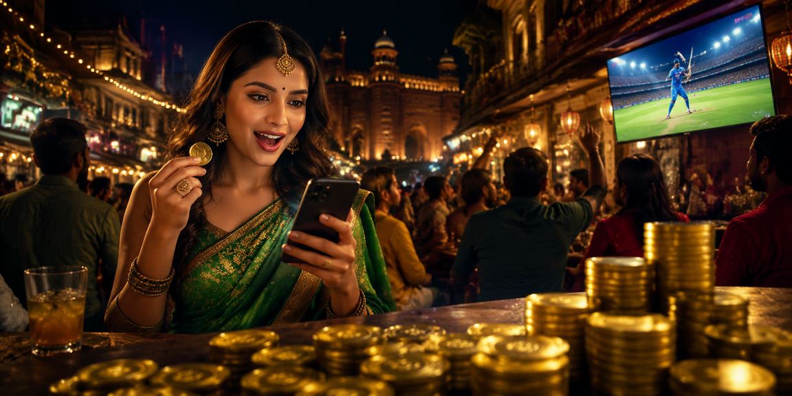 Indian woman in saree enjoying cricket betting on mobile