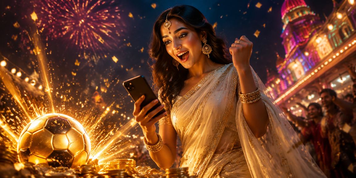 Indian woman in saree betting on live football match on mobile